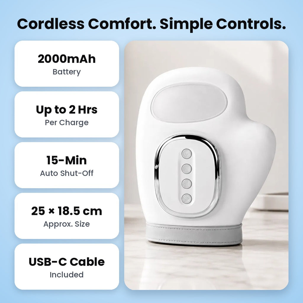 Aaslo hand massager specs: 2000mAh battery, up to 2 hours per charge, 15-minute auto shut-off