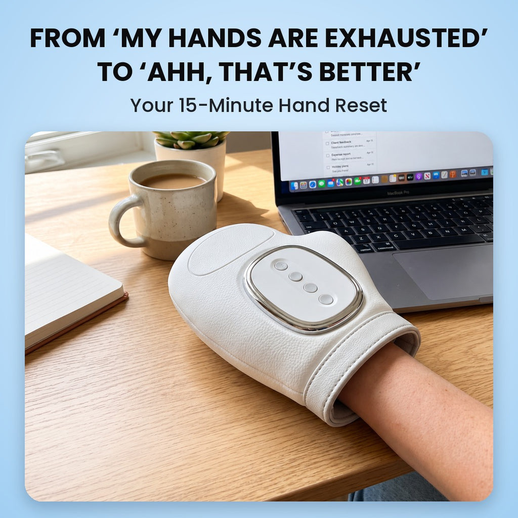 Hand inside the Aaslo heated hand massager next to a laptop