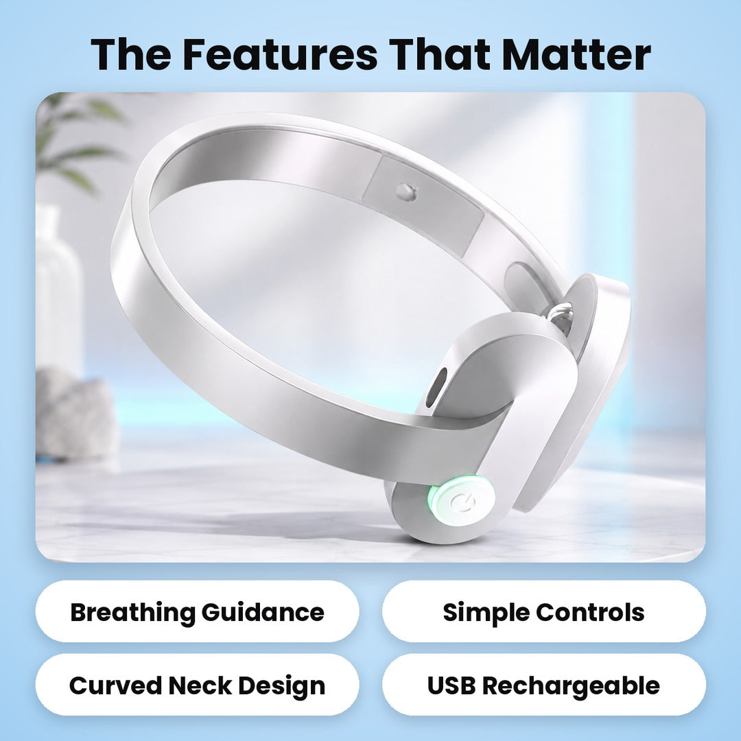 White Aaslo neck relaxation device with curved band and power button