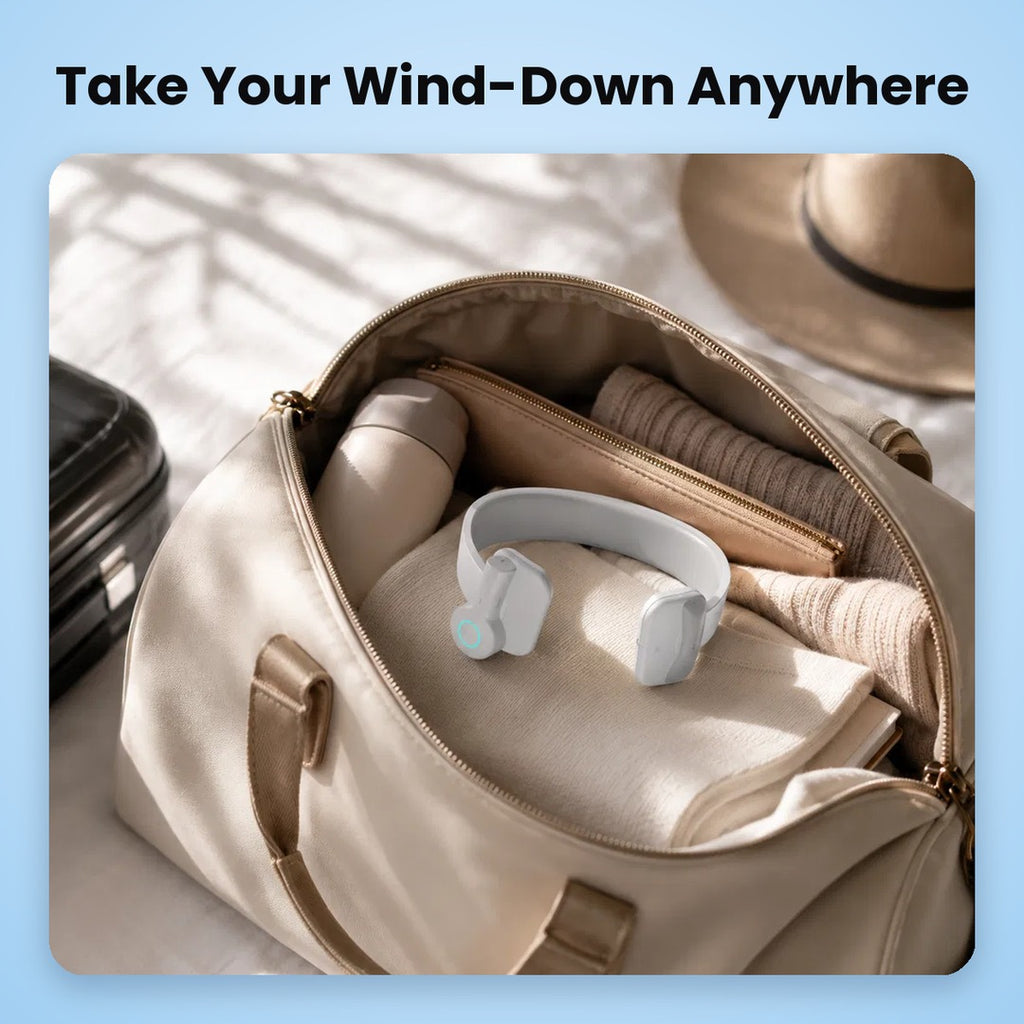 Aaslo neck relaxation device packed in a travel bag