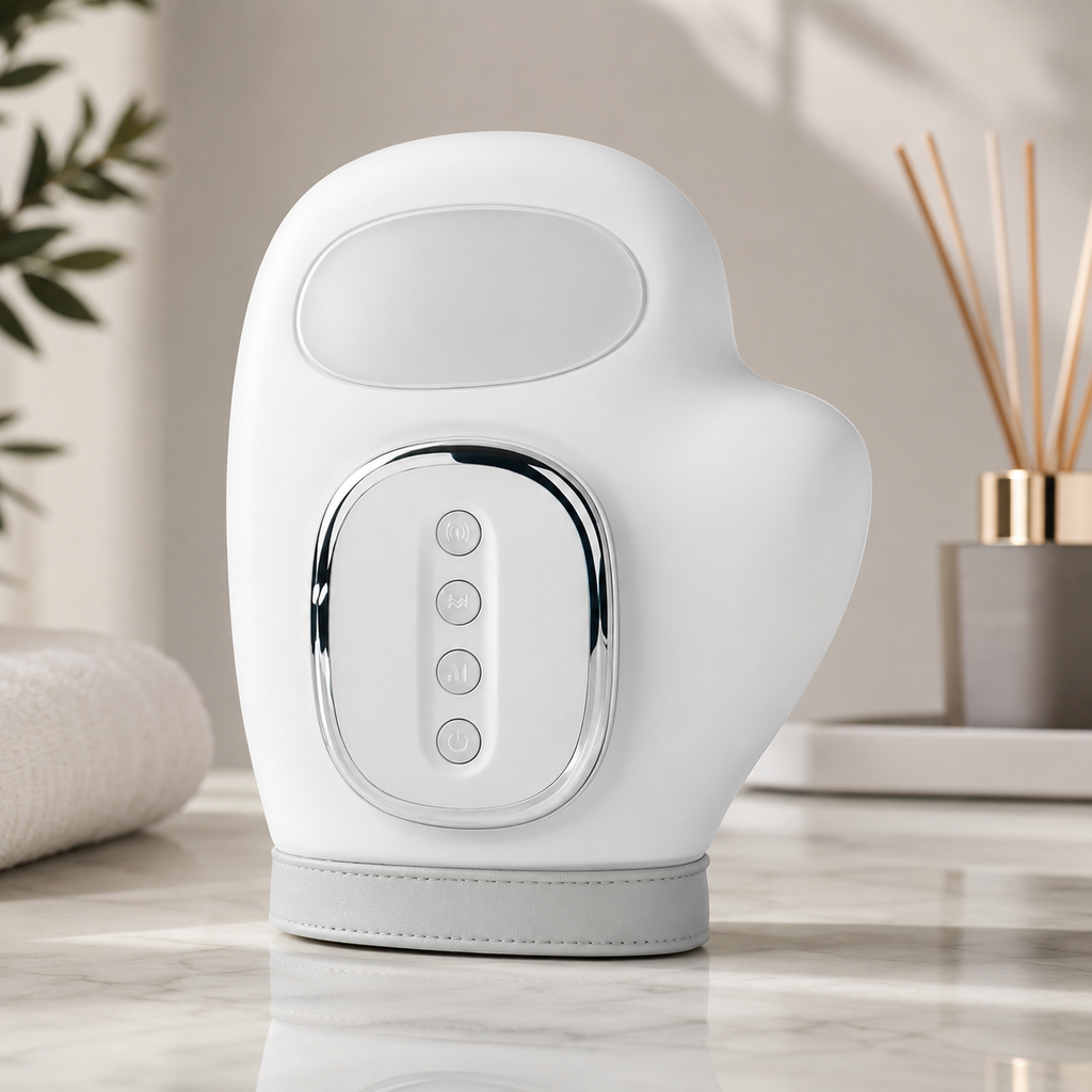 White Aaslo heated hand massager with its control buttons