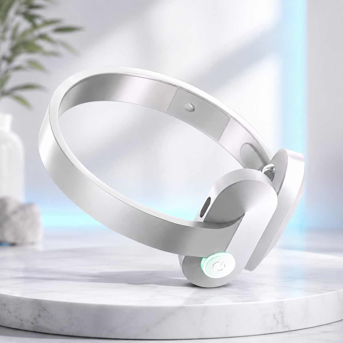 White Aaslo neck relaxation device on a marble stand