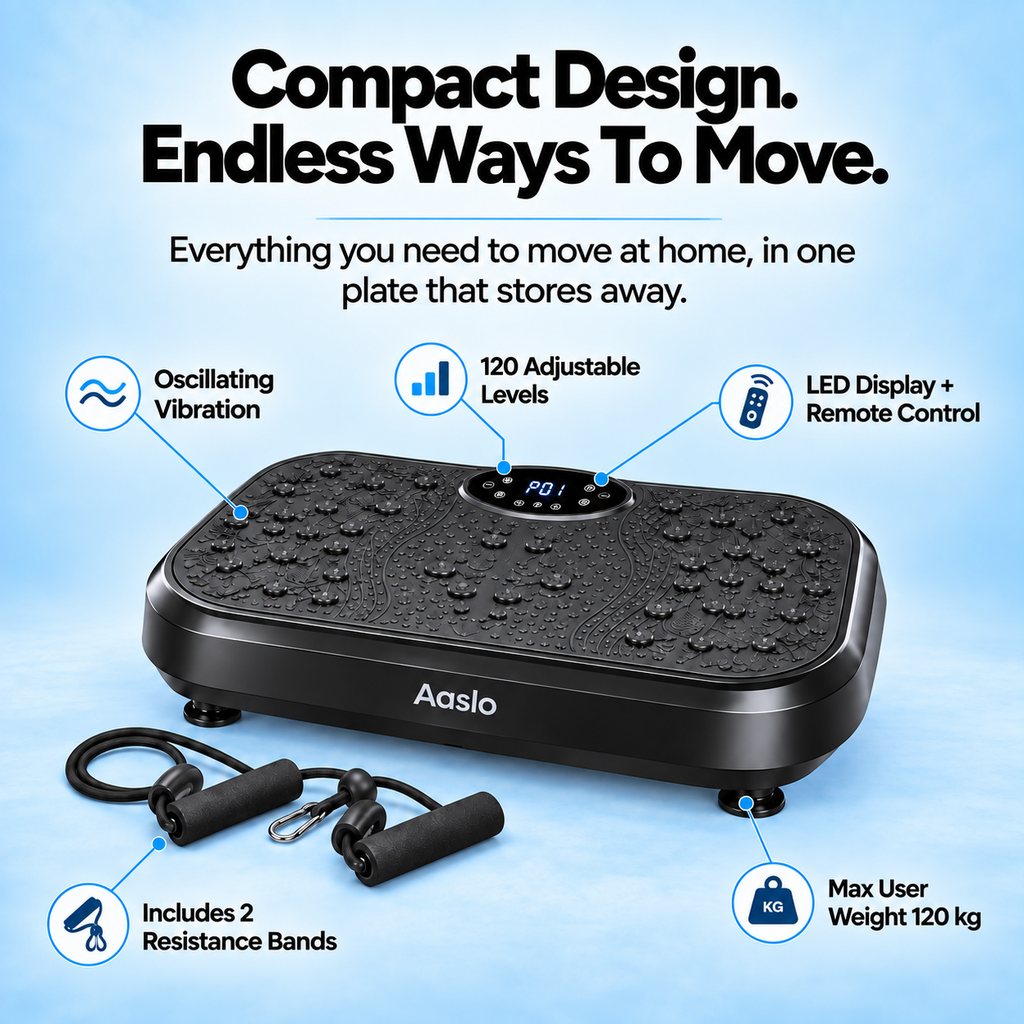 Compact Aaslo vibration plate with remote control and 2 resistance bands