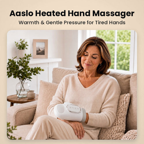 Woman relaxing on a sofa using the Aaslo heated hand massager