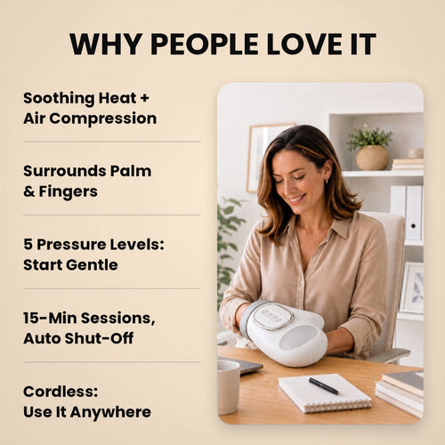 Woman at her desk using the Aaslo heated hand massager