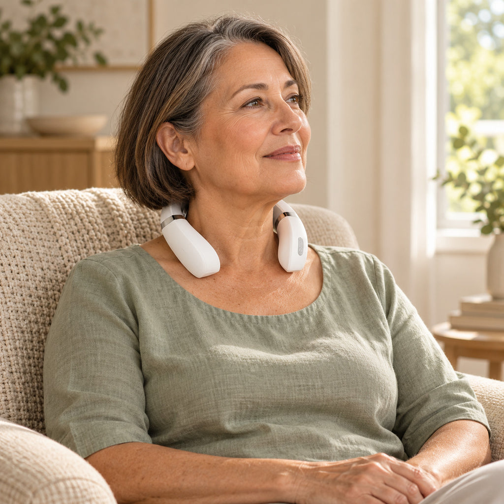 Woman relaxing in an armchair wearing the Aaslo neck massager