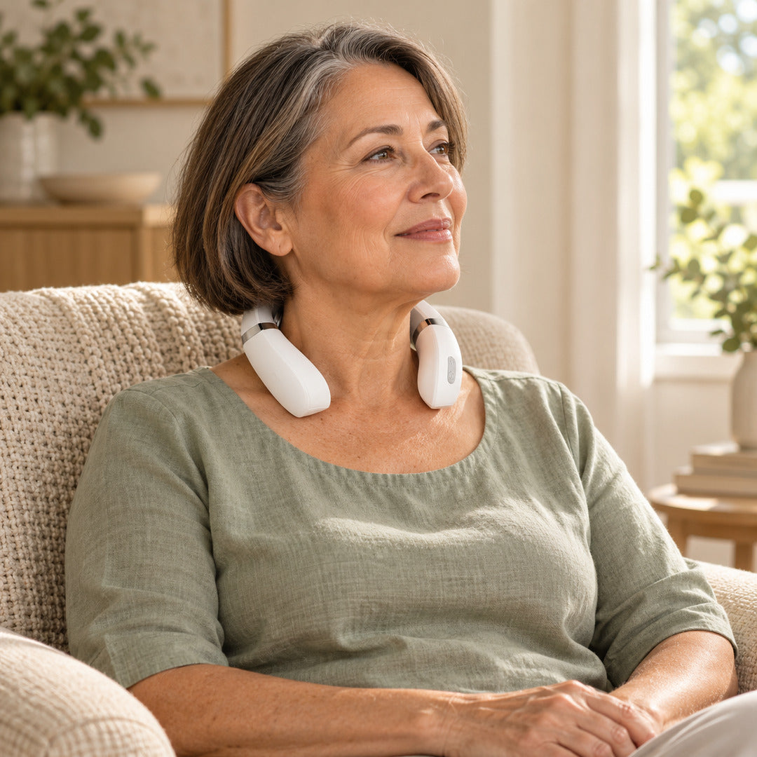 Woman relaxing in an armchair wearing the Aaslo neck massager
