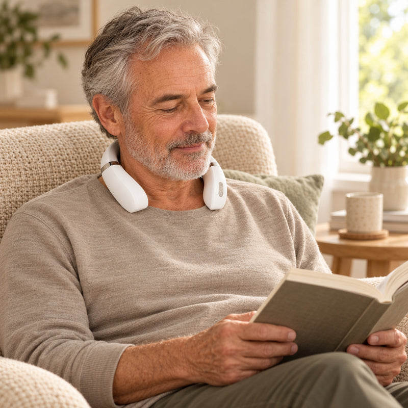Man reading a book while wearing the Aaslo neck massager