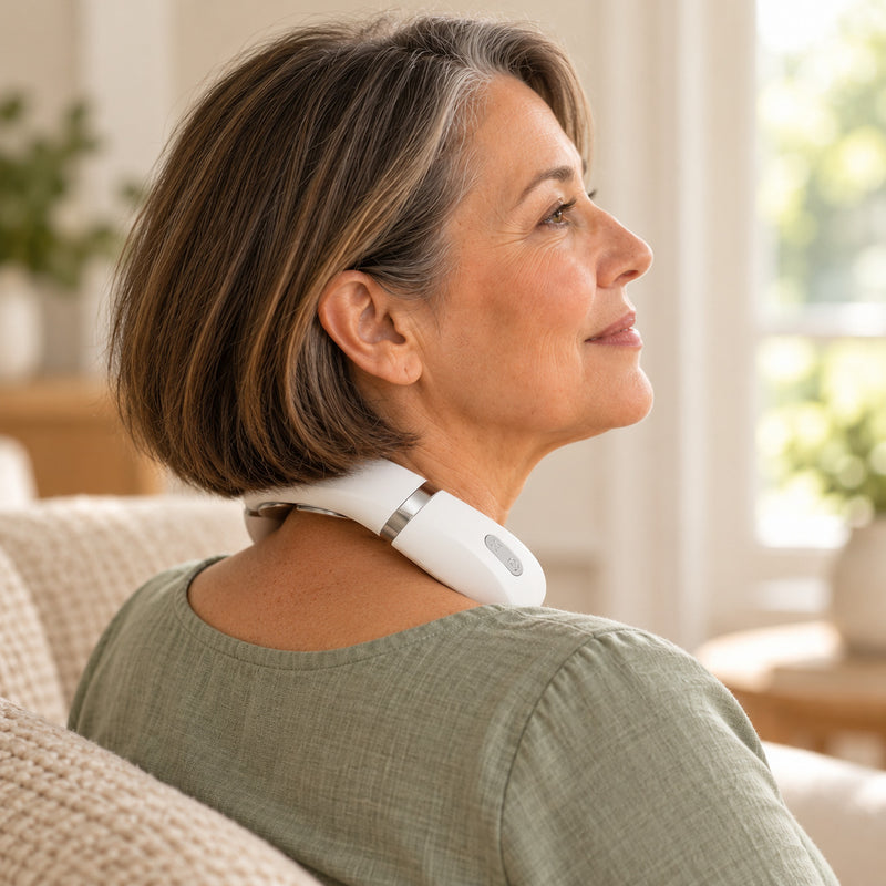 Side view of the Aaslo neck massager resting around a woman's neck