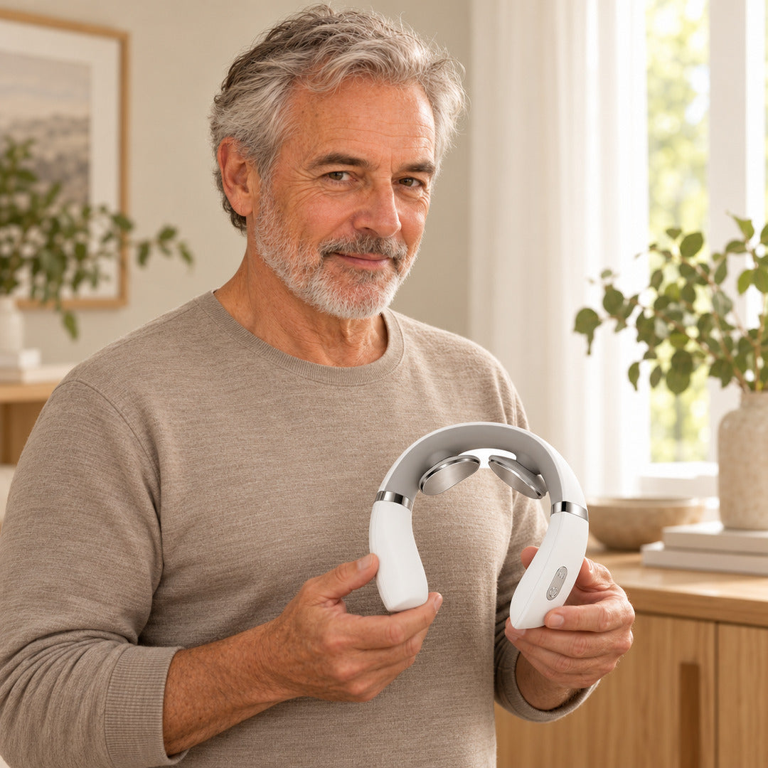 Man holding the Aaslo neck massager to show its size