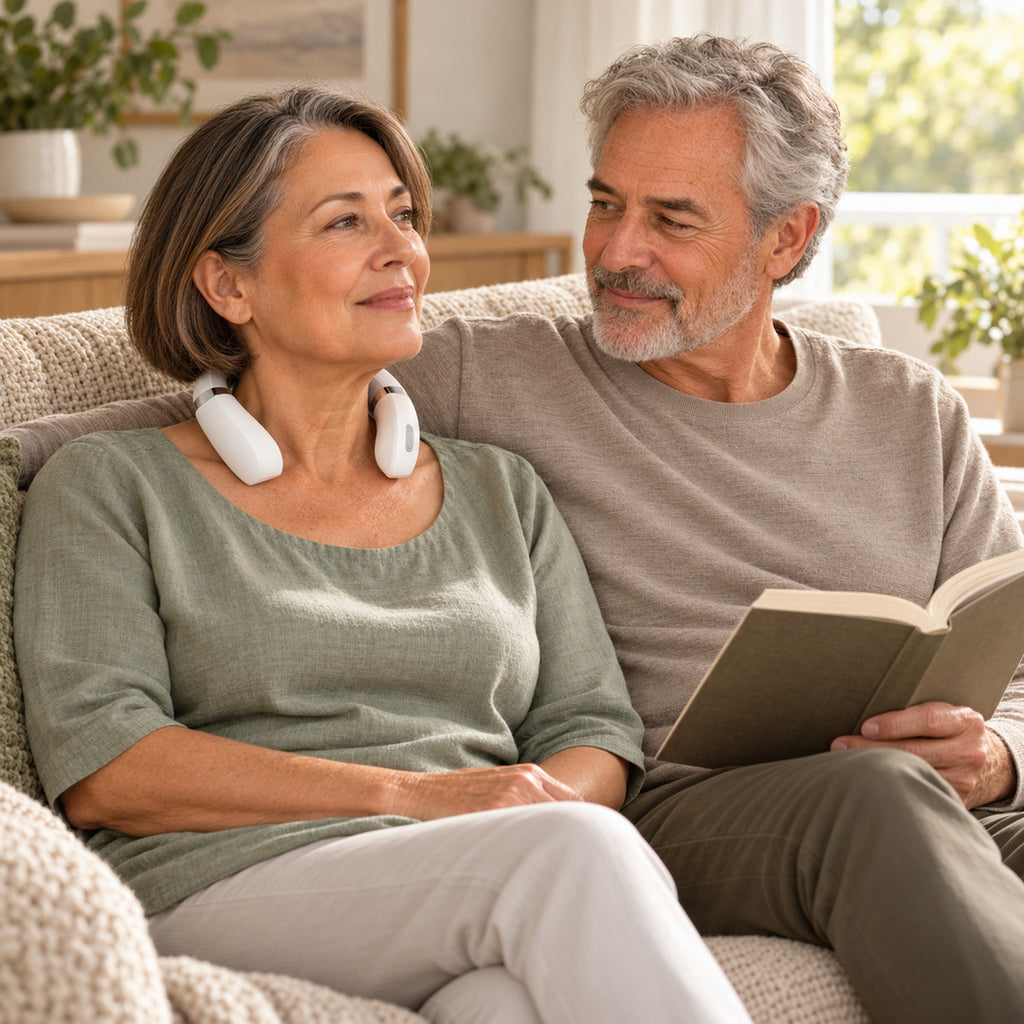 Couple relaxing at home, one wearing the Aaslo neck massager