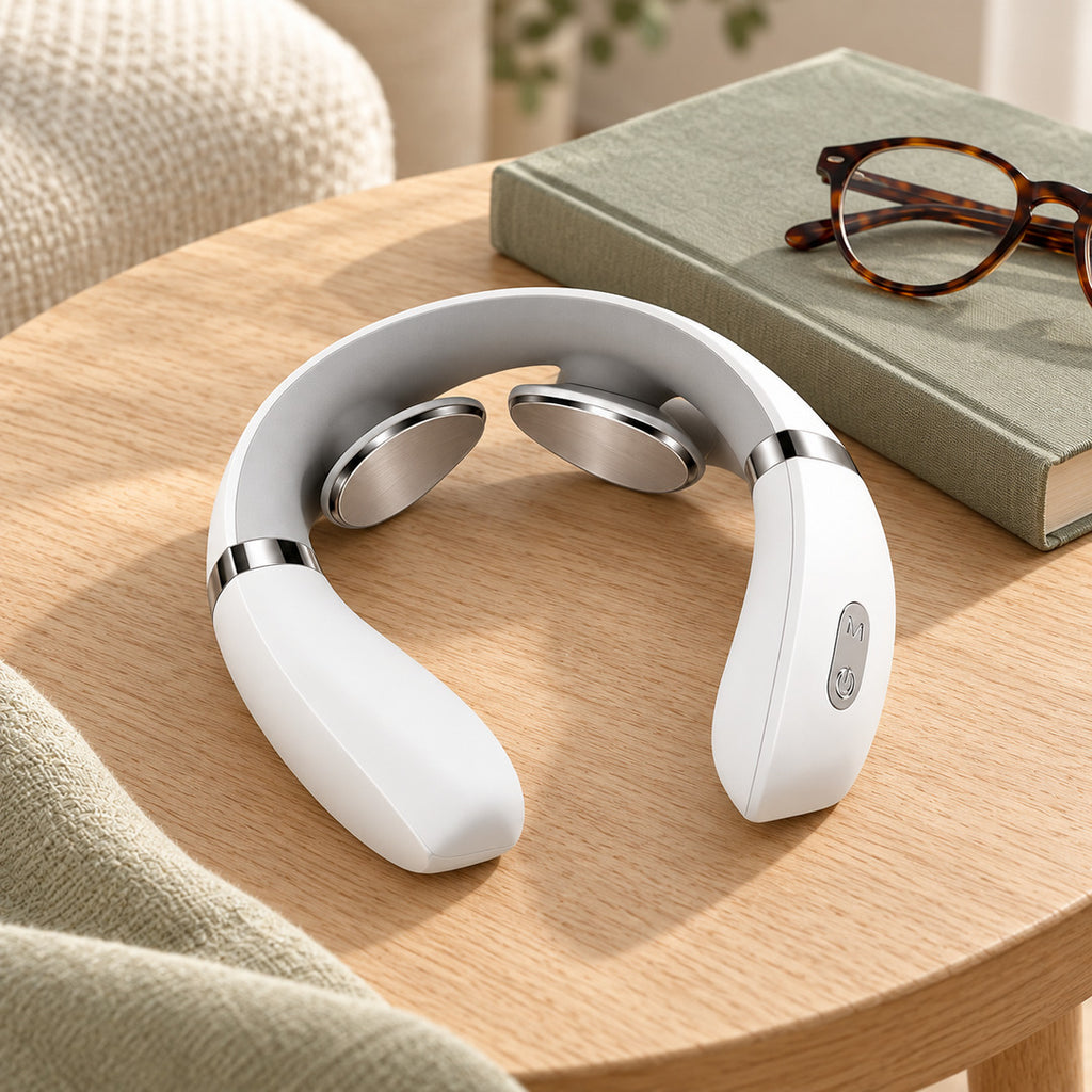 Aaslo neck massager on a wooden side table beside a book and glasses