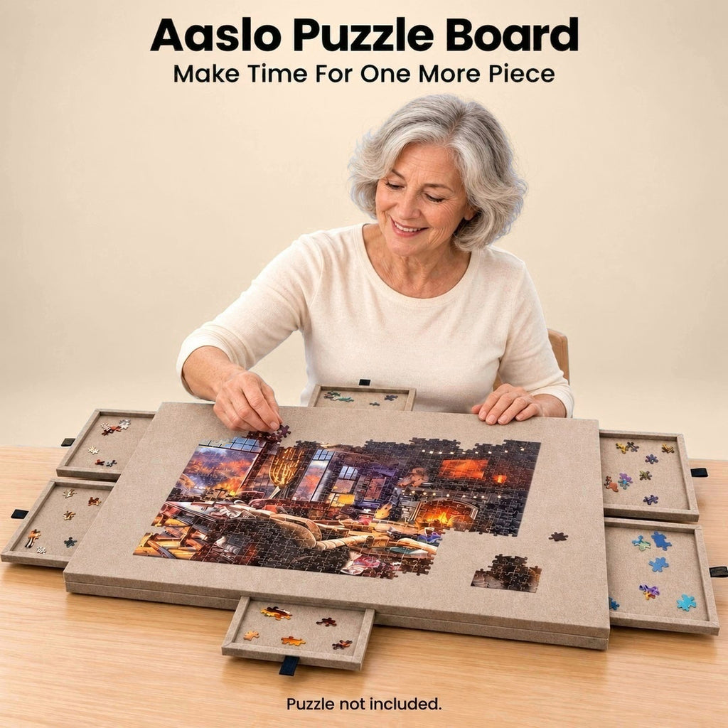 Woman using the Aaslo Puzzle Board in beige felt with six sorting drawers