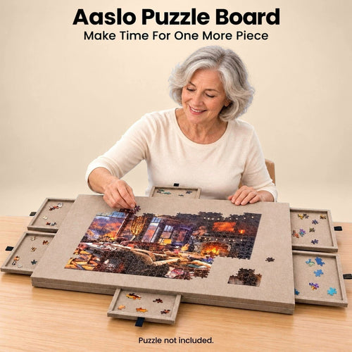 Woman using the Aaslo Puzzle Board in beige felt with six sorting drawers