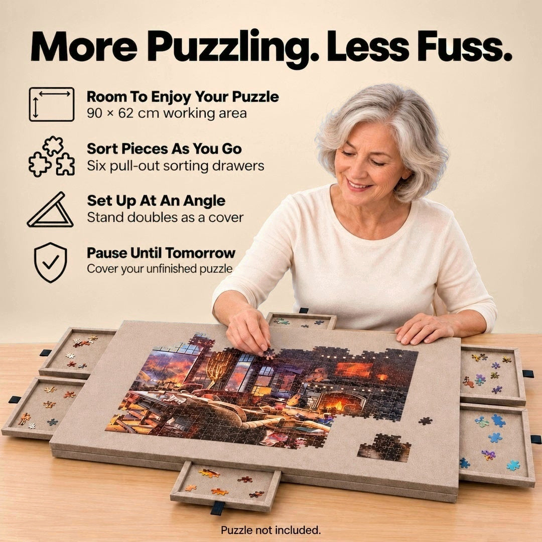 Aaslo Puzzle Board benefits: 90 x 62 cm work area, six sorting drawers, stand that doubles as a cover