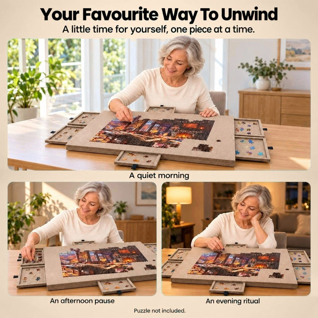 Woman doing a jigsaw puzzle on the Aaslo Puzzle Board in the morning, afternoon and evening