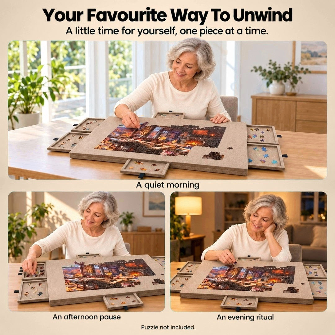 Woman doing a jigsaw puzzle on the Aaslo Puzzle Board in the morning, afternoon and evening