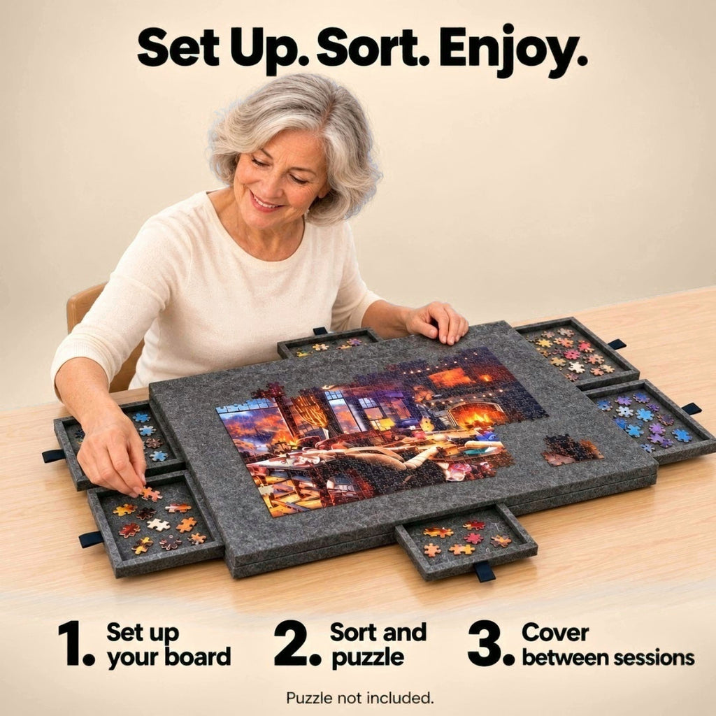 Woman sorting puzzle pieces on the dark grey Aaslo Puzzle Board