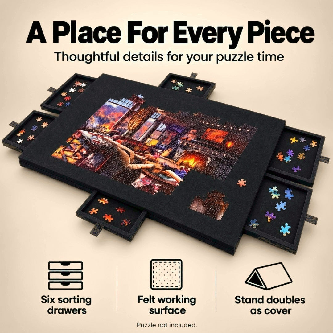 Black Aaslo Puzzle Board with six slide-out sorting drawers and felt surface