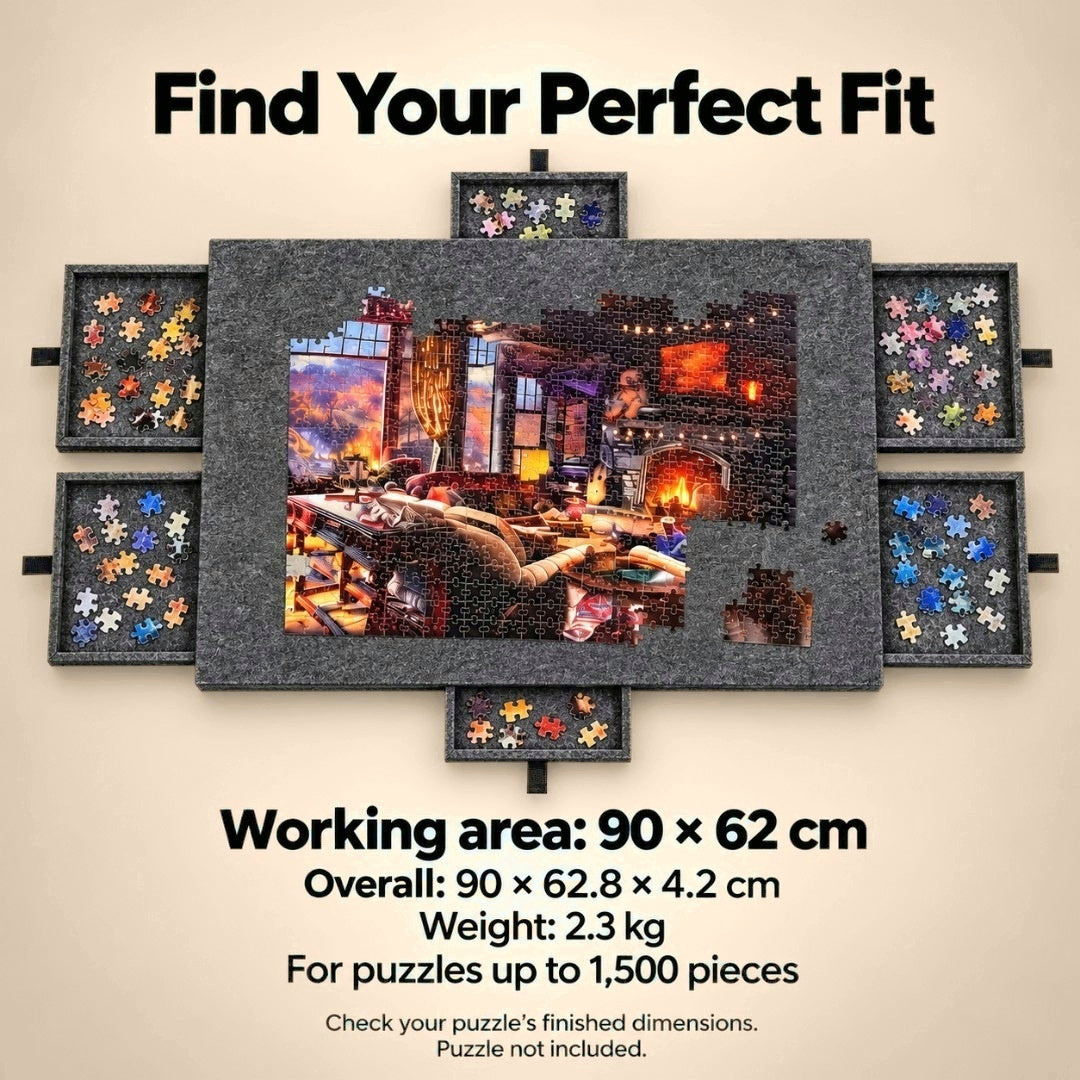 Overhead view of the dark grey Aaslo Puzzle Board with size details: 90 x 62 cm working area, up to 1,500 pieces