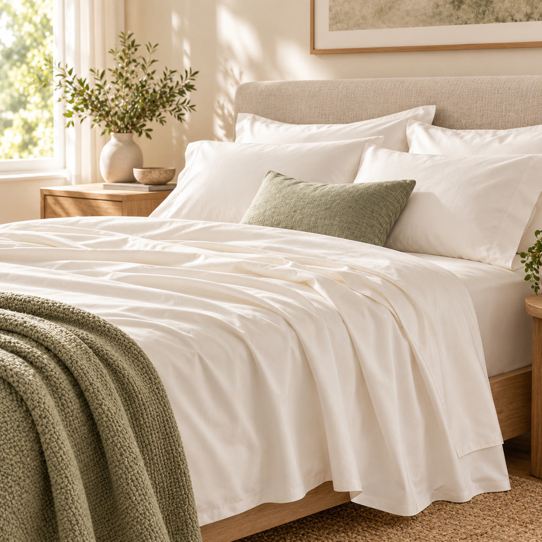 Bed made with soft white Aaslo cotton sheets in a sunny bedroom