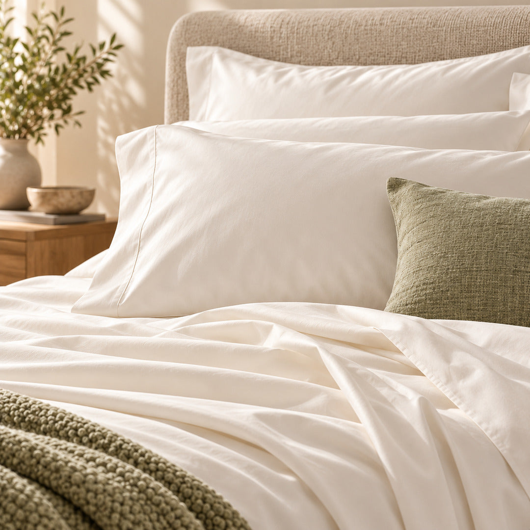 Close-up of soft Aaslo cotton pillowcases and flat sheet