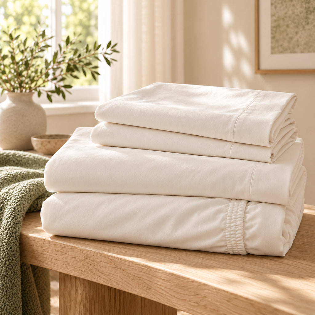 Folded Aaslo sheet set with flat sheet, fitted sheet and pillowcases