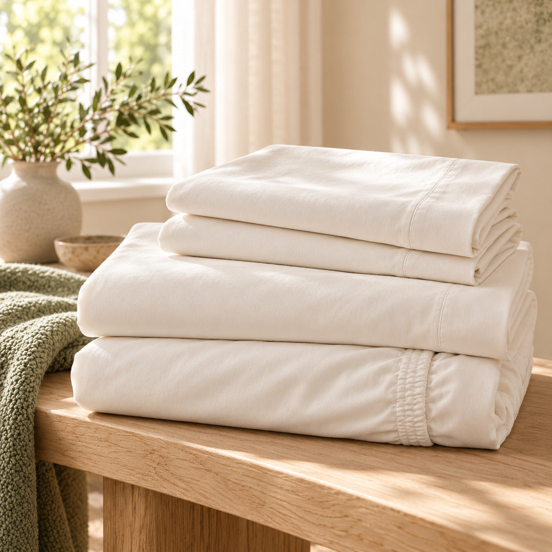 Folded Aaslo sheet set with flat sheet, fitted sheet and pillowcases