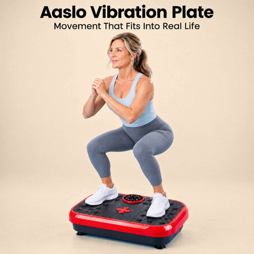 Woman doing squats on the red Aaslo vibration plate