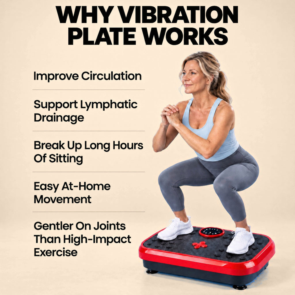 Woman squatting on the Aaslo vibration plate beside a list of reasons to use it