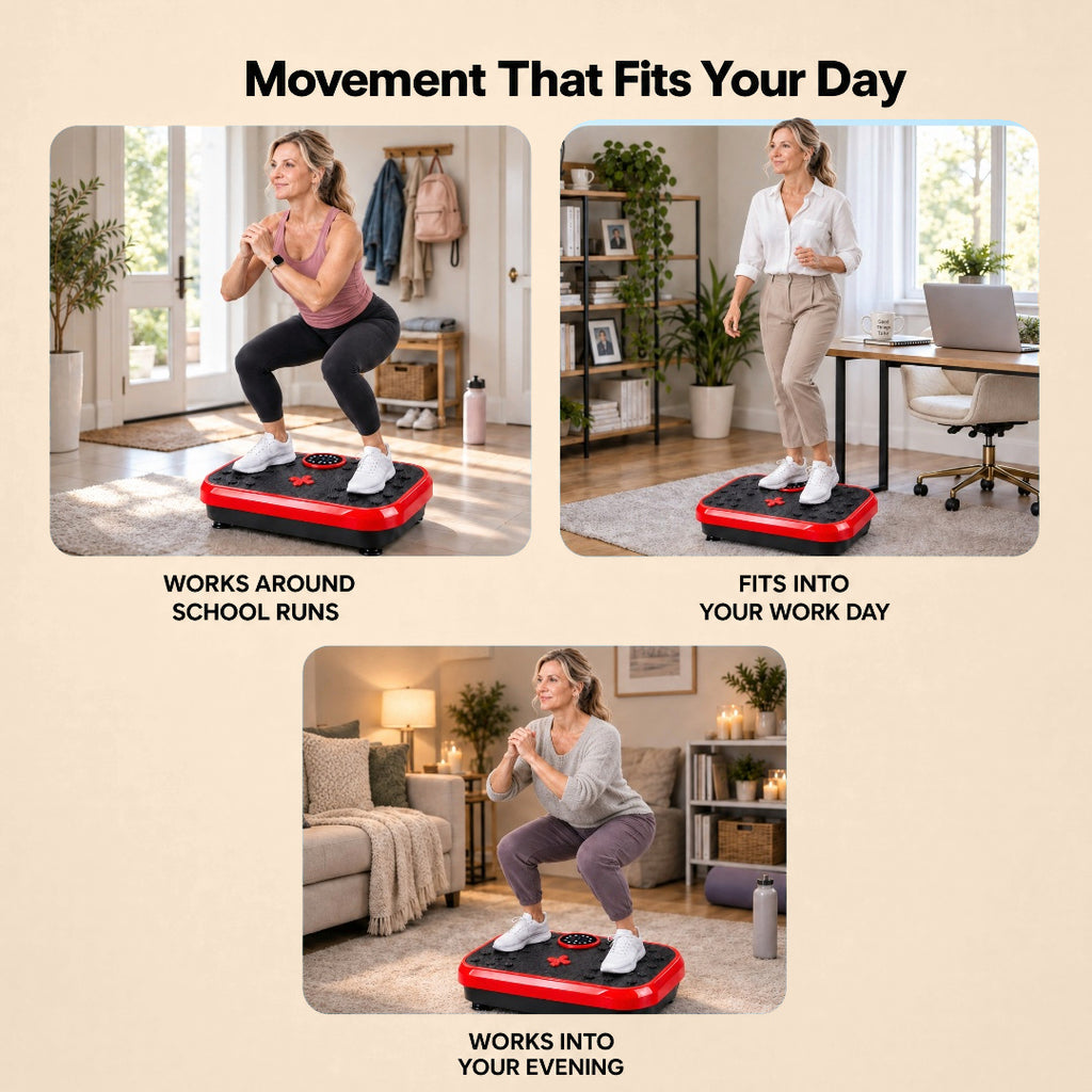 Three scenes of people using the Aaslo vibration plate at home during a busy day