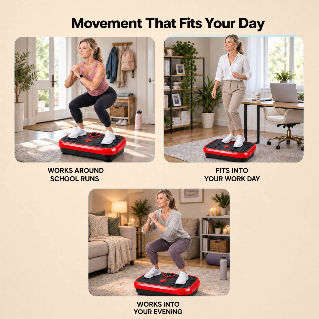 Three scenes of people using the Aaslo vibration plate at home during a busy day