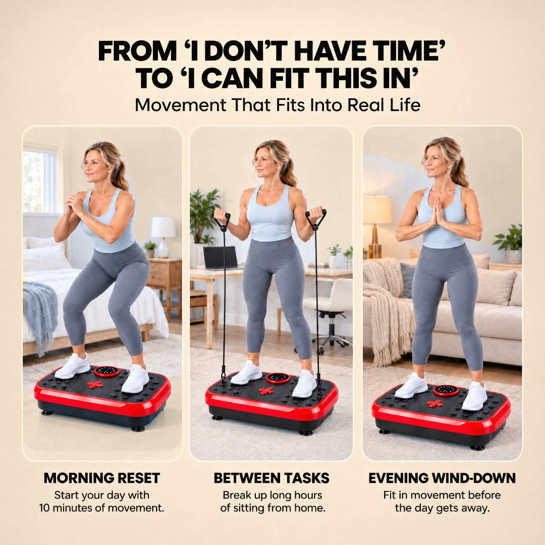 Woman using the Aaslo vibration plate in the morning, between tasks and in the evening