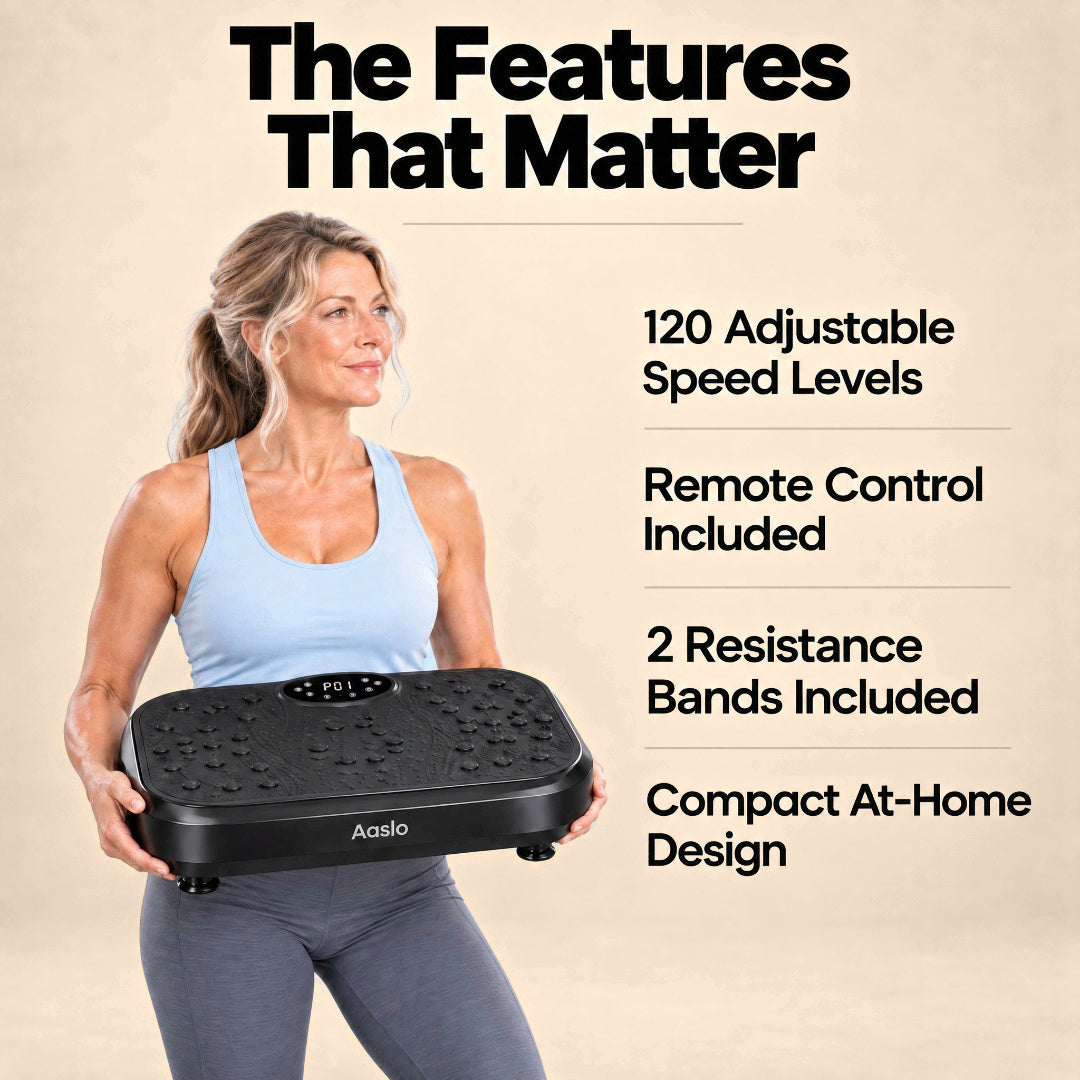Woman holding the Aaslo vibration plate, with 120 speed levels, remote and resistance bands