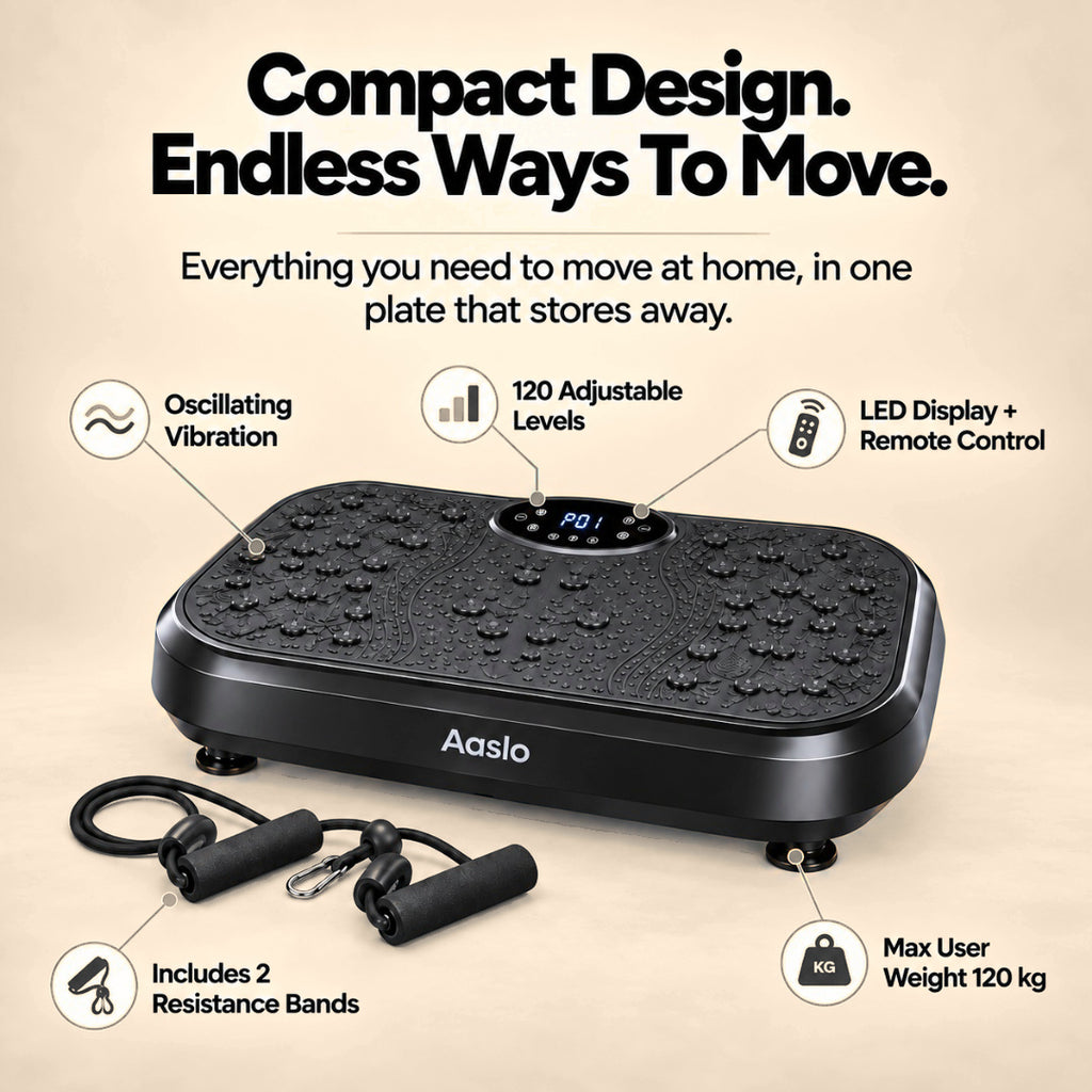 Compact Aaslo vibration plate with remote control and 2 resistance bands