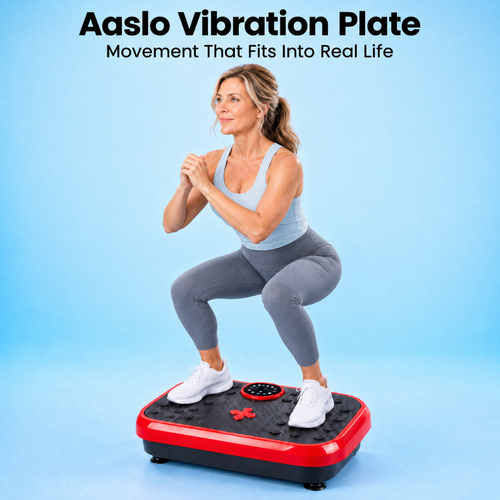 Woman doing squats on the red Aaslo vibration plate