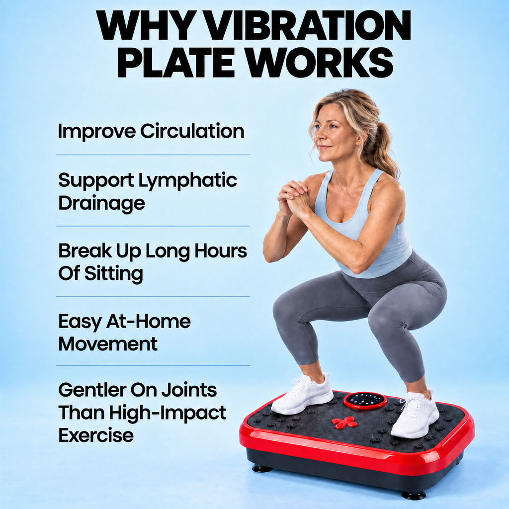 Woman squatting on the Aaslo vibration plate beside a list of reasons to use it