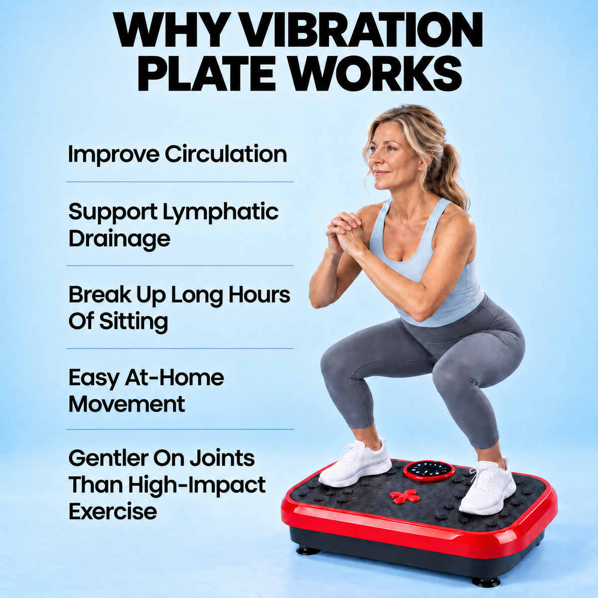 Woman squatting on the Aaslo vibration plate beside a list of reasons to use it