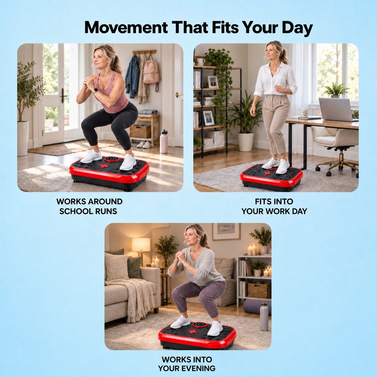 Three scenes of people using the Aaslo vibration plate at home during a busy day