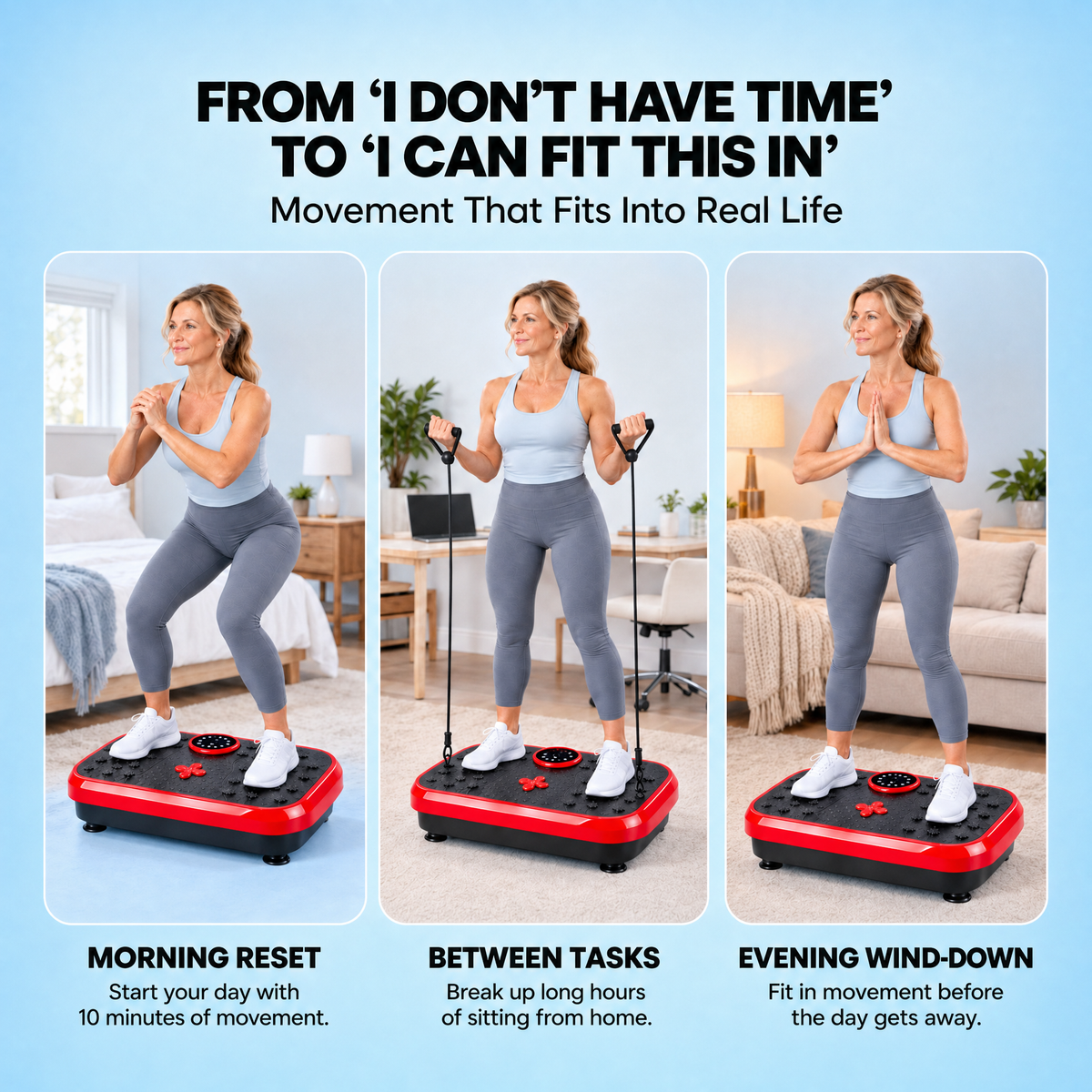 Woman using the Aaslo vibration plate in the morning, between tasks and in the evening
