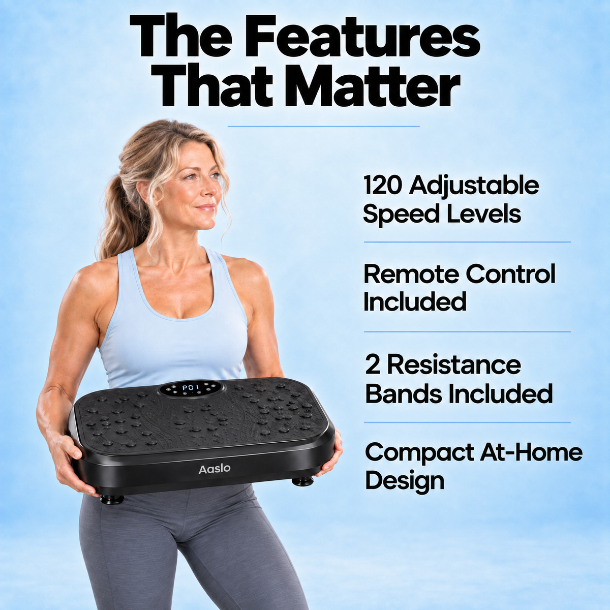 Woman holding the Aaslo vibration plate, with 120 speed levels, remote and resistance bands