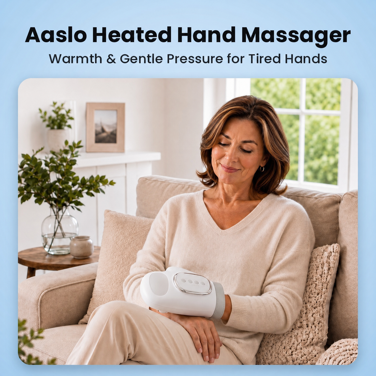 Woman relaxing on a sofa using the Aaslo heated hand massager