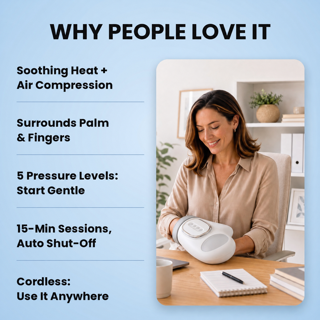 Woman at her desk using the Aaslo heated hand massager