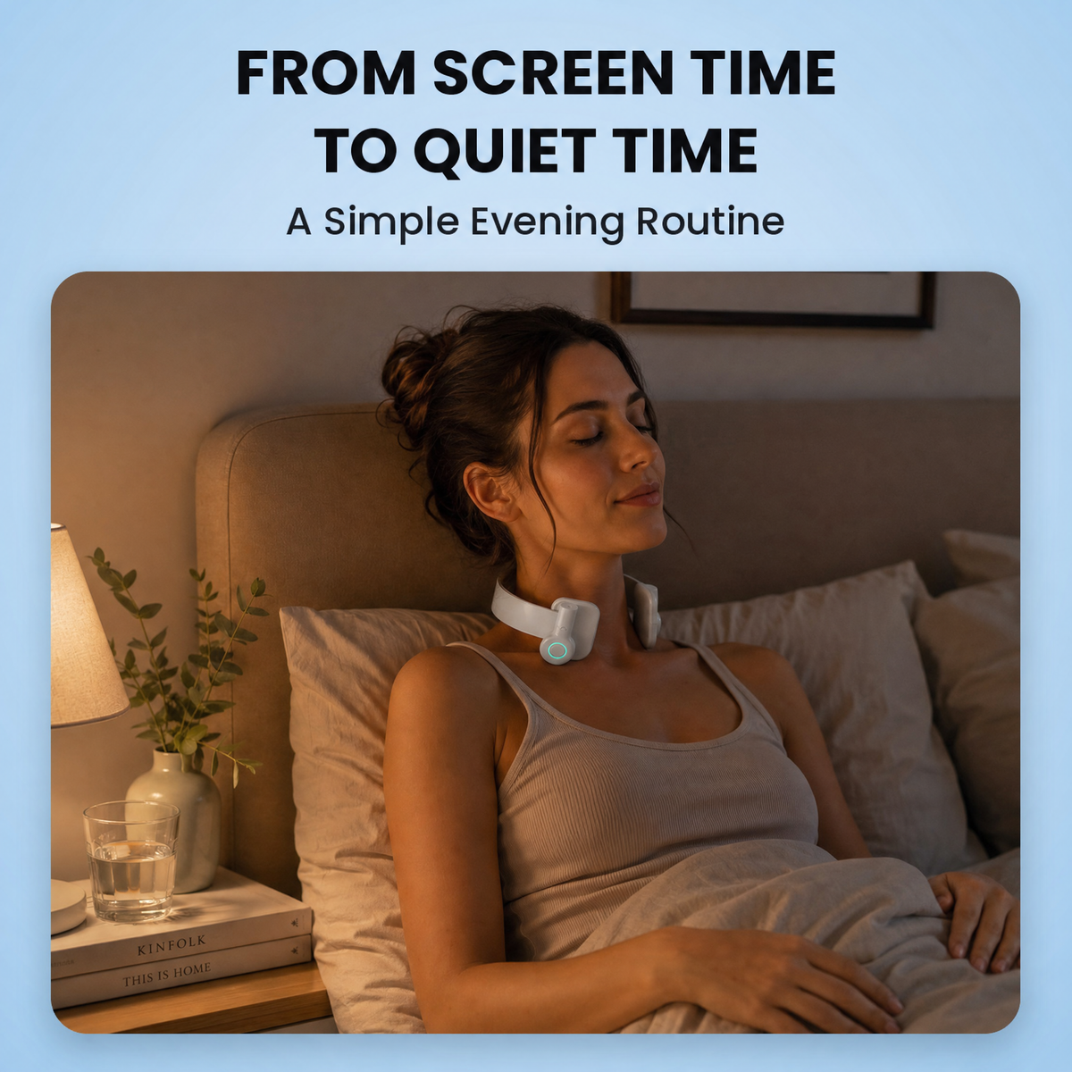 Woman in bed wearing the Aaslo neck relaxation device in the evening